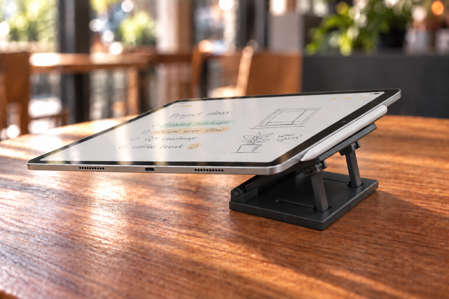 Product visualization based on the silver 11-inch iPad Pro, with Apple Pencil along its long edge and the black Version 5 Lift supporting it from underneath on a café table