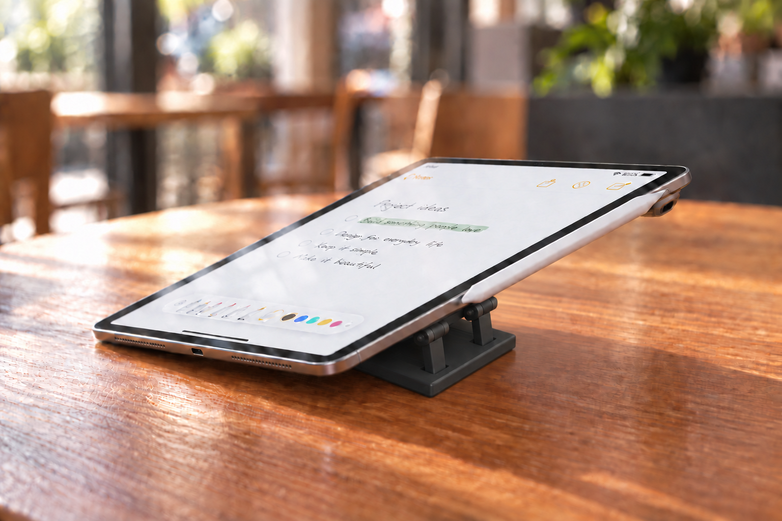 A real silver iPad kept still while the complete all-black Version 5 stand is rotated 90 degrees right and tucked beneath it