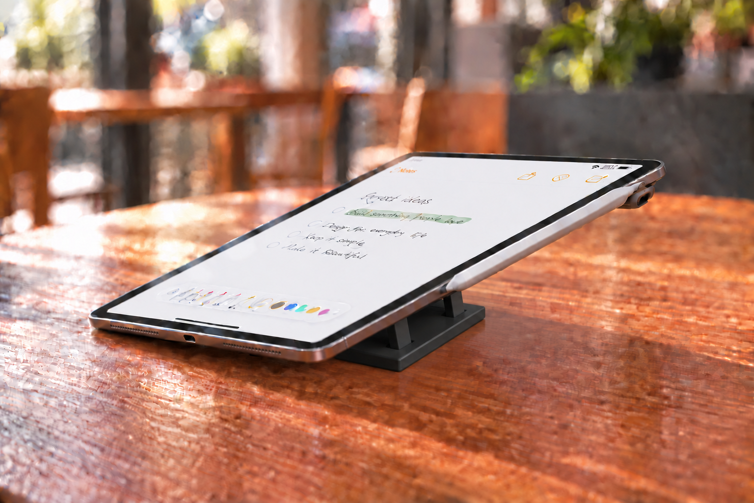 A stationary silver iPad lifted from below by an all-black Version 5 stand rotated 90 degrees clockwise, with its base receding into depth and two supports arranged one behind the other