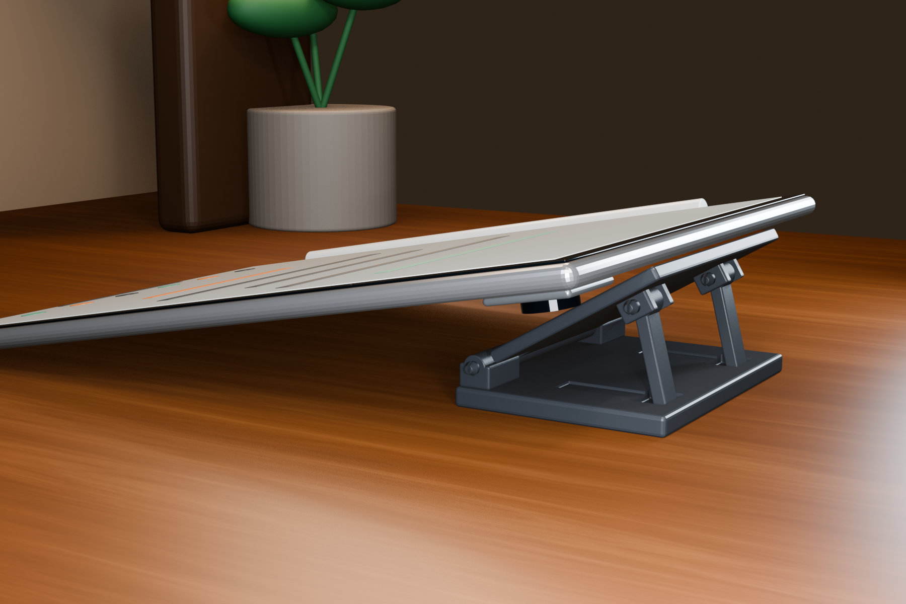 The exact seven-part Version 5 stand in black, rotated 90 degrees clockwise beneath a real-size iPad, with its broad base, full lifting panel, hinge and two support sticks visible