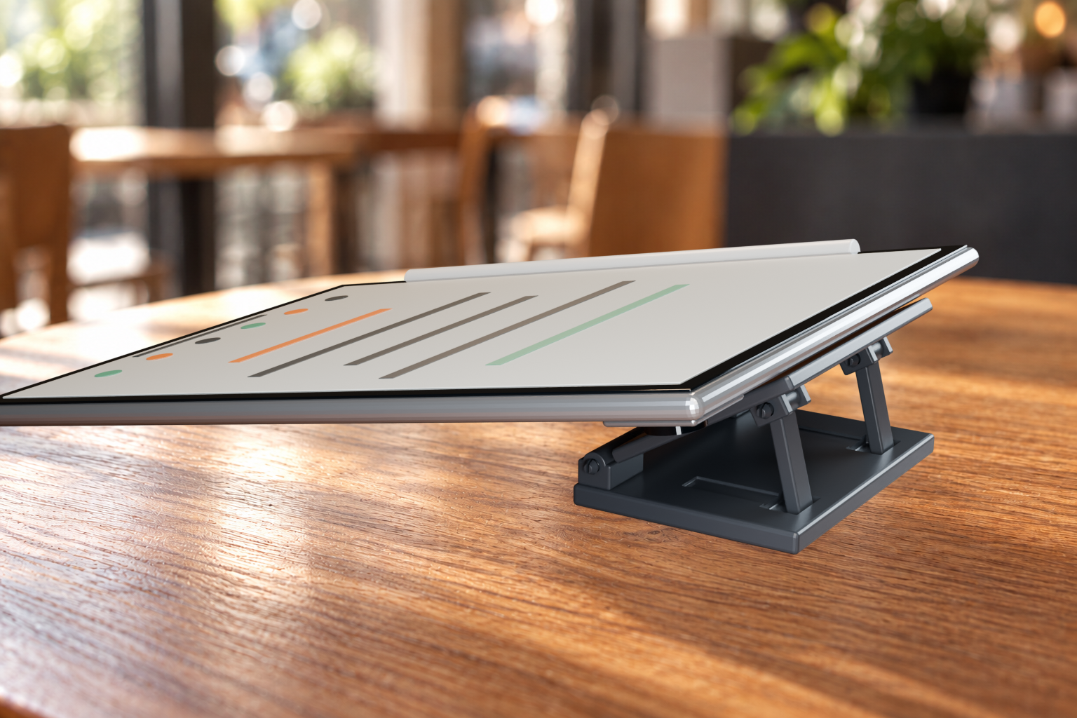A realistic café photograph of the exact seven-part Version 5 stand in black, rotated 90 degrees clockwise beneath a real-size iPad, with its broad base, full lifting panel, hinge and two tandem support sticks visible