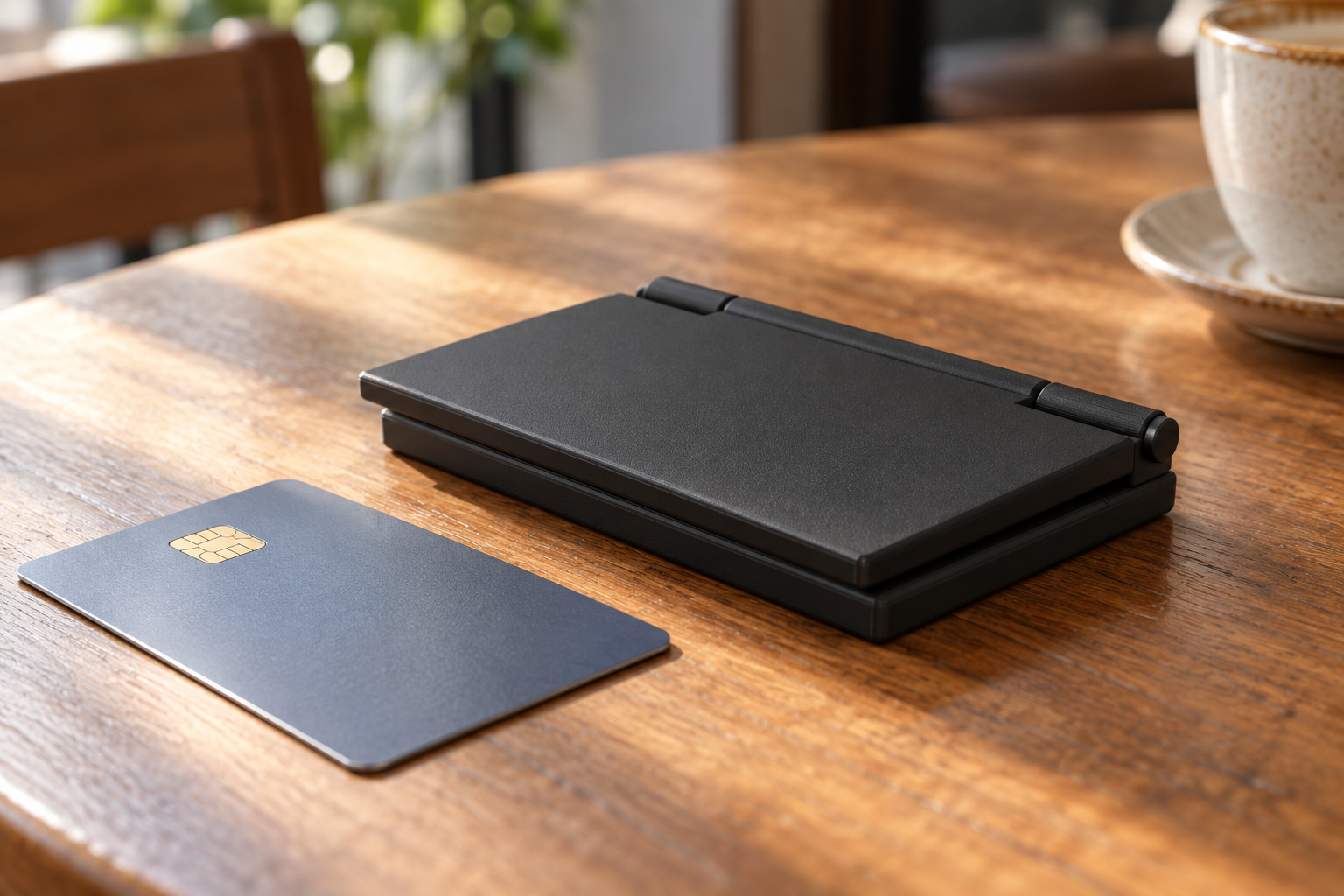 Exact all-black Version 5 Lift folded flat beside a bank card for pocket-size scale