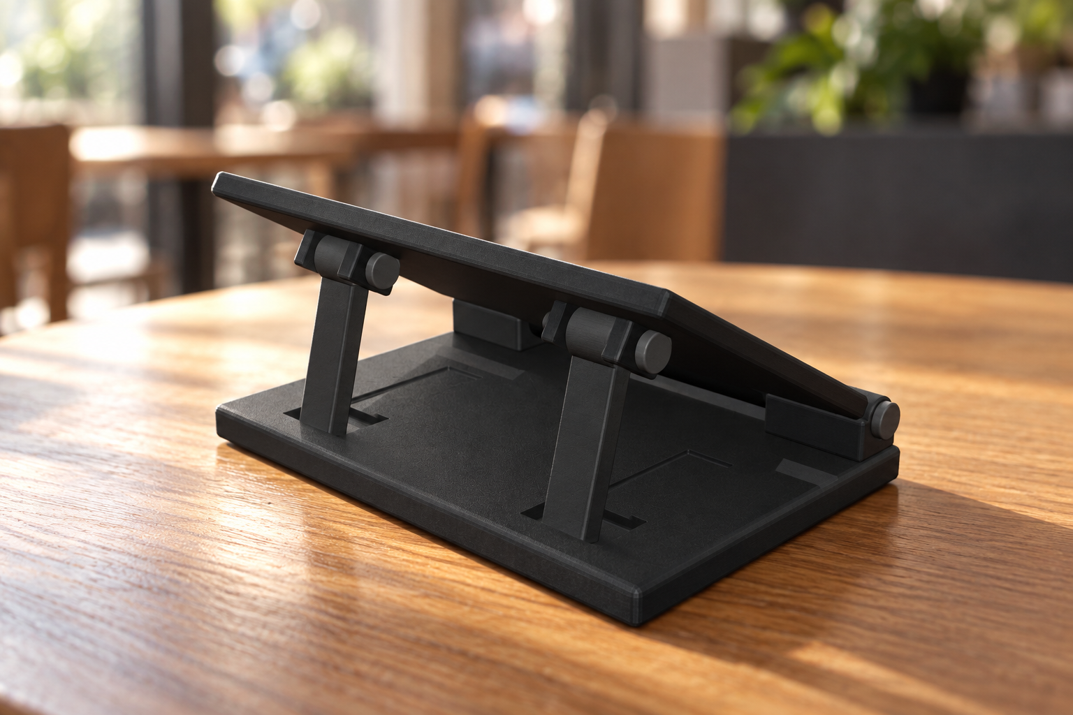 Exact all-black Version 5 Lift open on a café table with its full-width panel and two straight supports visible