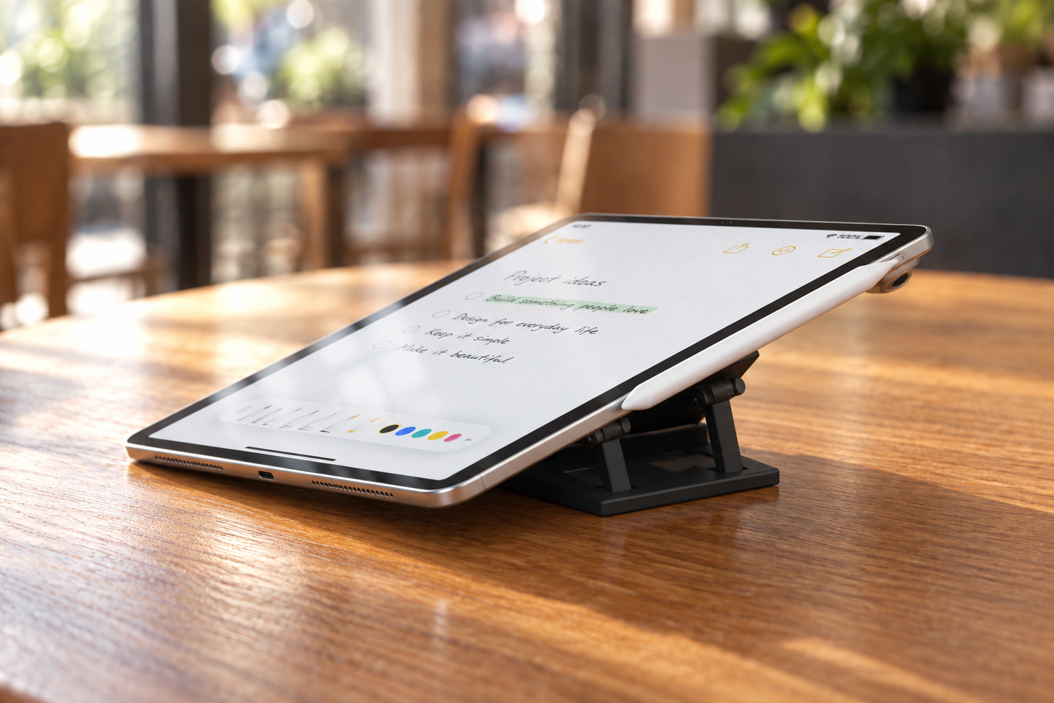 A real silver iPad in portrait note-taking orientation with its lower edge and the exact all-black Version 5 stand grounded on a café table while the stand lifts the upper back near the camera