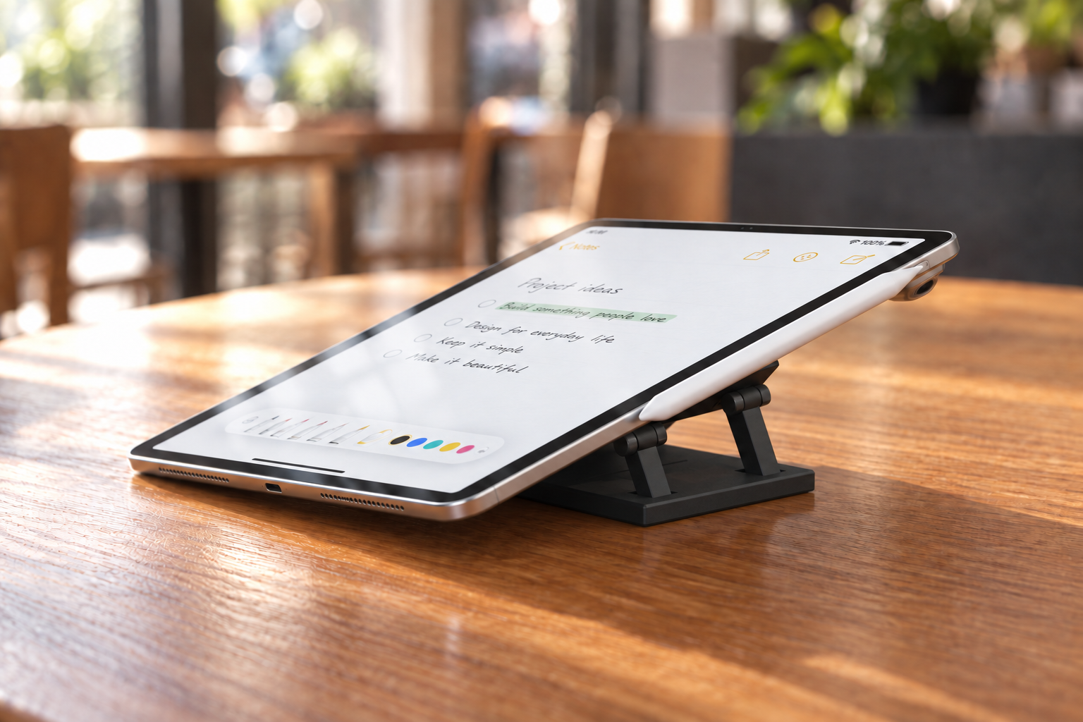 A real silver portrait iPad with its lower edge grounded on a café table while the exact all-black Version 5 stand opens backward along the iPad’s long axis to lift the camera-side upper back