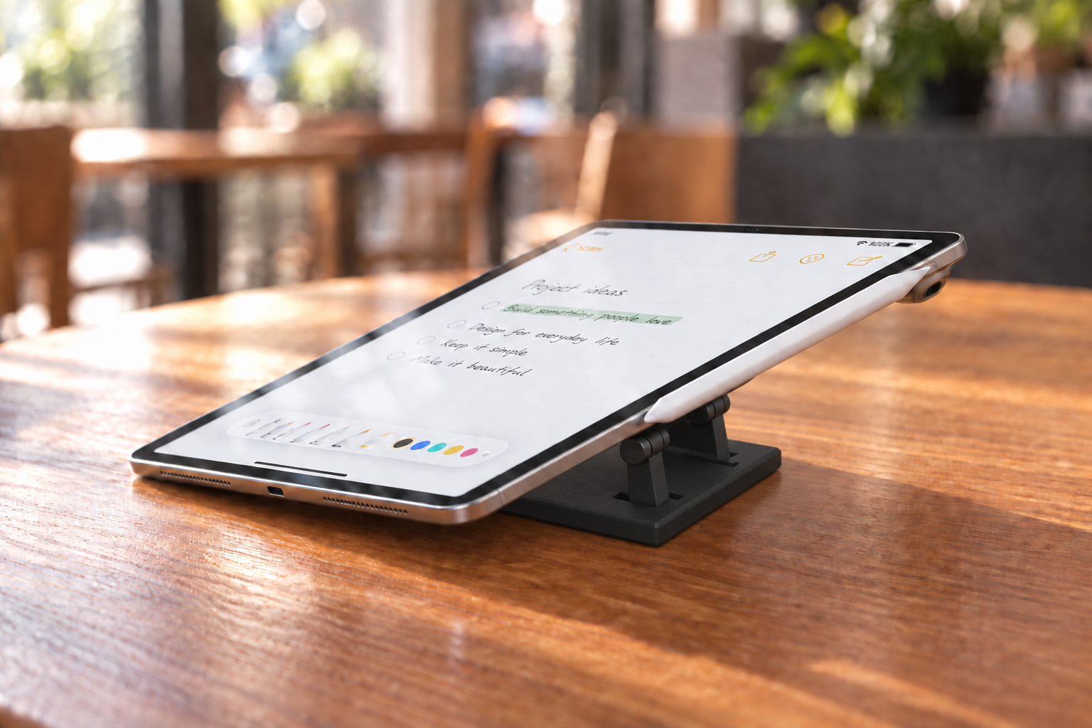 A real silver iPad unchanged on a café table while the complete all-black Version 5 stand beneath it is turned 90 degrees to the right